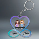 Sisters Besties Forever Doll Girls Sitting Infinity Heart Personalized Acrylic Keychain